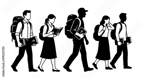 Silhouette of Five People Traveling with Backpacks and Reading Book