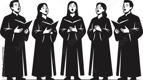 A choir of five singers with open songbook are singing in unison with elegant attires. The black and white image focuses on the harmony and performance