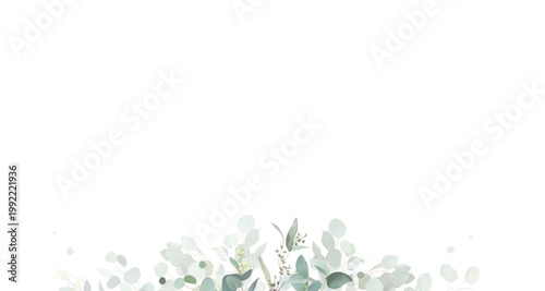 Herbal eucalyptus and gold vector banner frame. Hand painted branches, leaves on white background. Greenery wedding simple minimalist invitation. Watercolor card.All elements are isolated and editable