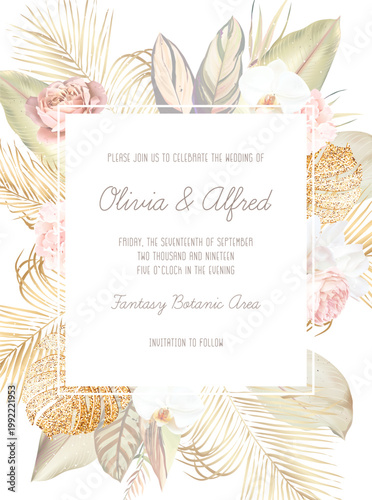 Flower and dried plants vector design round frame. Wedding watercolor flowers. White magnolia, orchid, ranunculus, blush rose, dried palm leaves, gold monstera card. Elements are isolated and editable