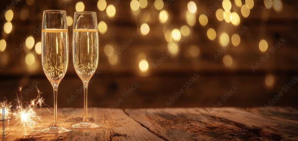 Fototapeta premium The Champagne Flutes on Rustic Table with Festive Bokeh Lights and Sparklers