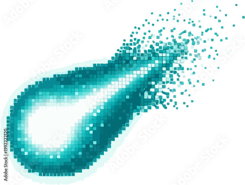 Abstract pixel art illustration depicting a glowing digital object disintegrating into scattered particles, symbolizing dynamic energy, technological evolution, and data transformation