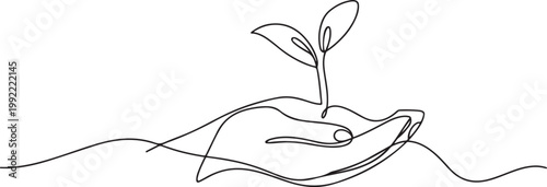 Elegant one continuous line art illustration of a human hand gently cradling a young plant sprout.one line drawing vector illustration