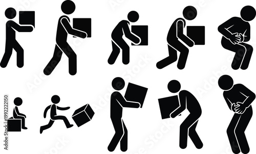 Illustrations of various ways to carry and struggle with heavy boxes