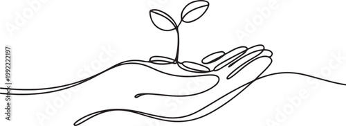 Elegant one continuous line art illustration of a human hand gently cradling a young plant sprout.one line drawing vector illustration