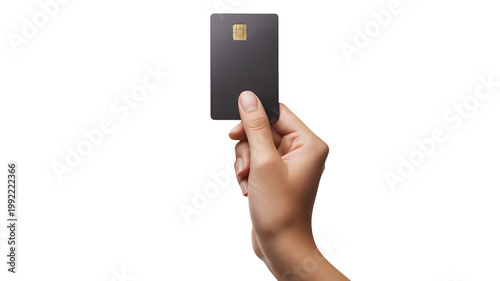 Female hand holding a modern black credit card with a golden EMV chip for secure financial transactions isolated on transparent background