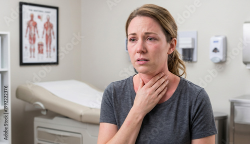 Distressed female patient holding her throat experiencing anaphylaxis