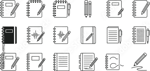 Notebook and stationery icons set with spiral notepads pencils and writing tools in outline style design