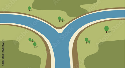 Fork in the river, bifurcation, landscape, nature, water flow split, aerial view