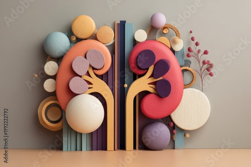 Abstract Artistic Representation Of Kidneys With Spheres And Geometric Shapes In Pastel Colors