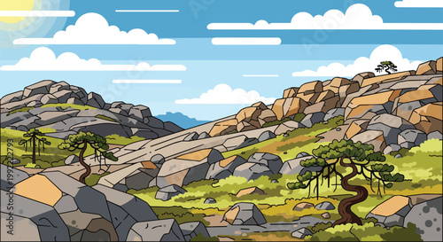 Pixel Art Mountain Landscape with Greenery and Blue Sky