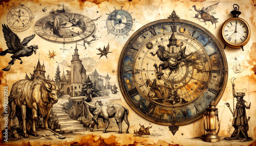 Celestial map showing constellations, stars and clocks in a circular design with various symbols and elements from different cultures