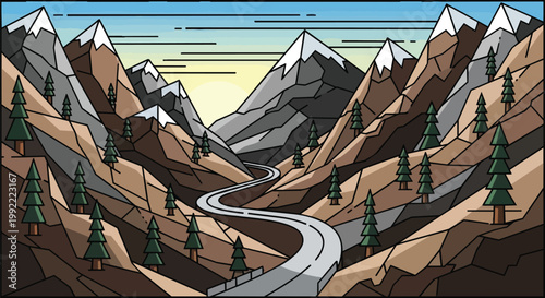 Pixelated Mountain Valley with Winding Road and Snowy Peaks at Sunrise