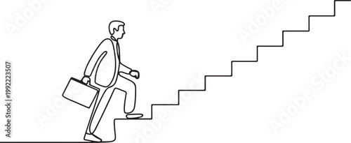 Man climbs the stairs in one continuous line drawing. Concept symbol of career success and achieving goals in simple linear style.one line drawing vector illustration