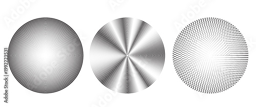 Black concentric circle set. Sonar or sound wave ring collection. Dotted and linear epicentre, target, radar icon concept. Ripple radial signal or vibration elements. Vector line and halftone symbols