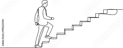 Man climbs the stairs in one continuous line drawing. Concept symbol of career success and achieving goals in simple linear style.one line drawing vector illustration