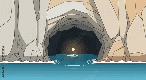 Pixel art cave entrance with water and light glow