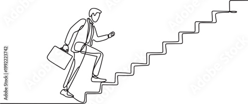Man climbs the stairs in one continuous line drawing. Concept symbol of career success and achieving goals in simple linear style.one line drawing vector illustration