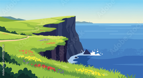 Pixel Art Coastal Cliffs Landscape with Ocean and Green Rolling Hills