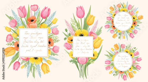 Set of floral frames and bouquets with tulips and poppies, spring flower arrangements with copy space