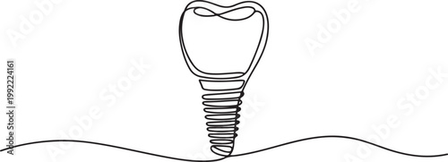 One continuous line illustration of a dental implant, isolated on white background.one line drawing vector illustration