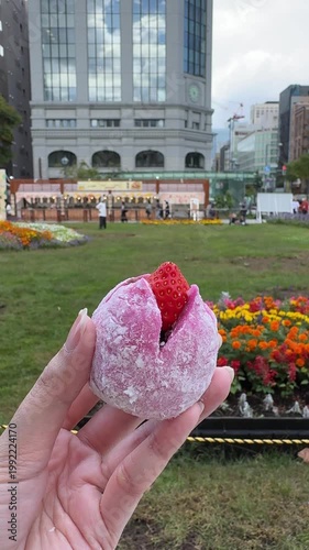 a woman tourist's hand woman holding big red pink strawberry-topped red bean daifuku, with a blurry background. Japanese ichigo daifuku strawberry mochi. Japanese traditional sweets, strawberry daifuk