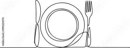 One continuous linear plate, high and fork.one line drawing vector illustration