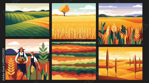 Set of agricultural landscapes and farming scenes, harvest season with fields and farmers
