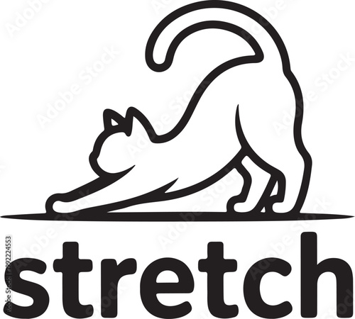 Black cat stretching with word stretch animal yoga