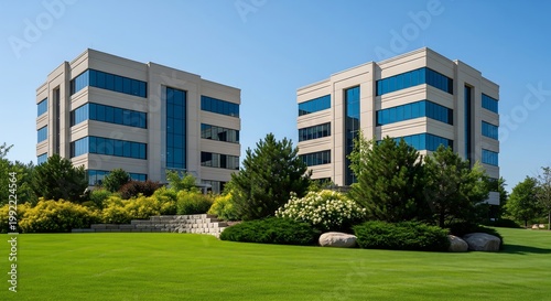 Modern building structures stand amidst lush green grass and trees on a sunny day