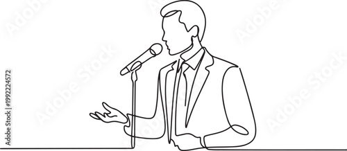 One line drawing of a businessman speaking into a microphone. Minimalist vector illustration of a public speaker or presenter giving a talk.one line drawing vector illustration