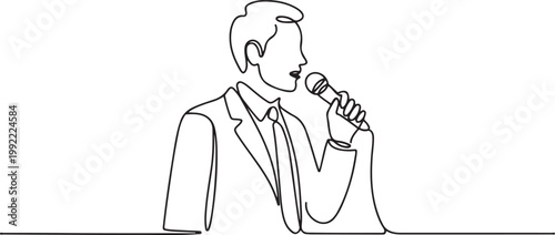 One line drawing of a businessman speaking into a microphone. Minimalist vector illustration of a public speaker or presenter giving a talk.one line drawing vector illustration