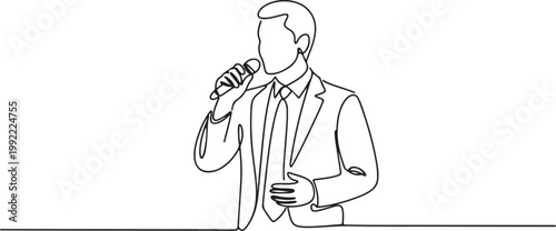 One line drawing of a businessman speaking into a microphone. Minimalist vector illustration of a public speaker or presenter giving a talk.one line drawing vector illustration