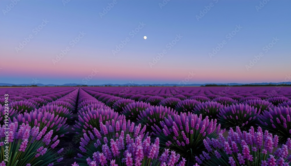 Fototapeta premium The image depicts a vast field of blooming lavender plants arranged in neat, parallel rows that extend toward the horizon