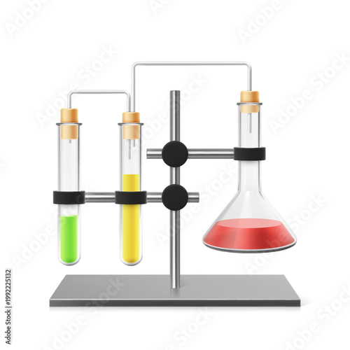 A laboratory setup with a flask and test tubes, stoppers, and multicolored liquids.
