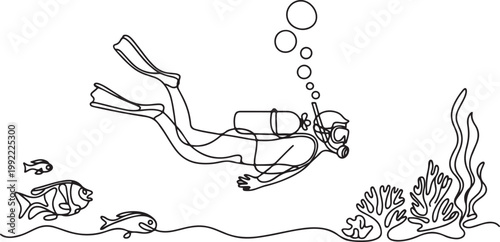 scuba diver exploring underwater world in minimalist one line ocean diving illustration.one line drawing vector illustration