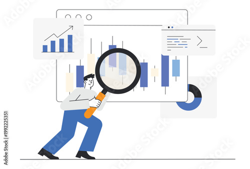 Financial analyst using magnifying glass inspecting stock market candlestick charts and digital data trends for profitable investment strategies vector illustration.