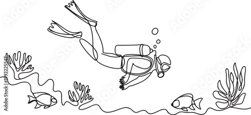 scuba diver exploring underwater world in minimalist one line ocean diving illustration.one line drawing vector illustration