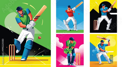 Cricket player set, batsman and wicketkeeper in action, sports illustration