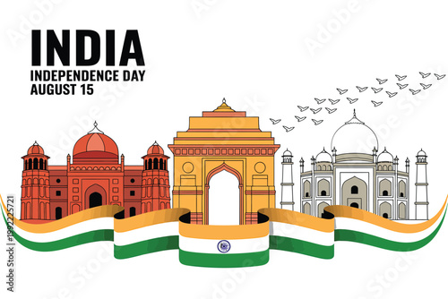 India independence day illustration featuring iconic landmarks and national flag