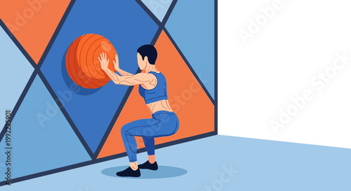 Woman doing wall ball squat exercise, fitness, strength training, healthy lifestyle