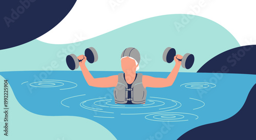 Woman doing water aerobics with dumbbells in a pool, healthy lifestyle