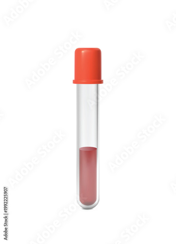 A realistic vacuum tube with a red cap and a half-filled blood sample.