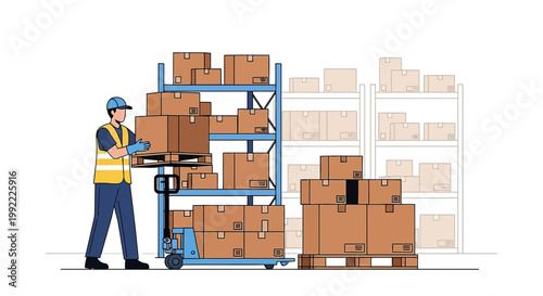 Warehouse Worker with Pallet Jack Moving Boxes, Logistics and Storage Concept