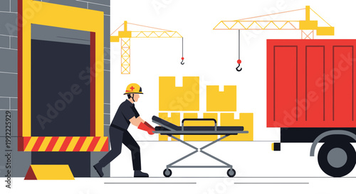 Warehouse worker with stretcher near truck and construction cranes, logistics safety concept