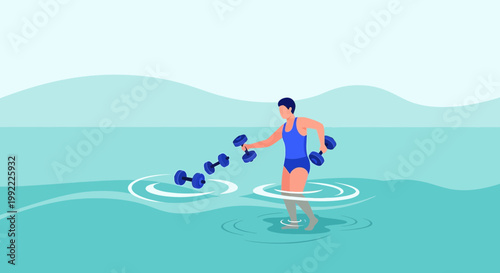Woman doing water aerobics with dumbbells in shallow turquoise water, healthy lifestyle