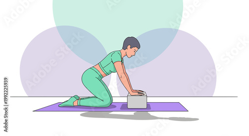 Woman Doing Yoga Pose on Mat with Yoga Block, Focus and Balance