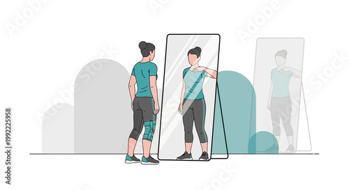 Woman exercising in front of mirror, fitness, wellness, body positive, self-care, healthy lifestyle