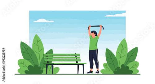 Woman Exercising in Park with Bench and Greenery