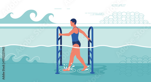 Woman Exercising in Water with Pool Ladder